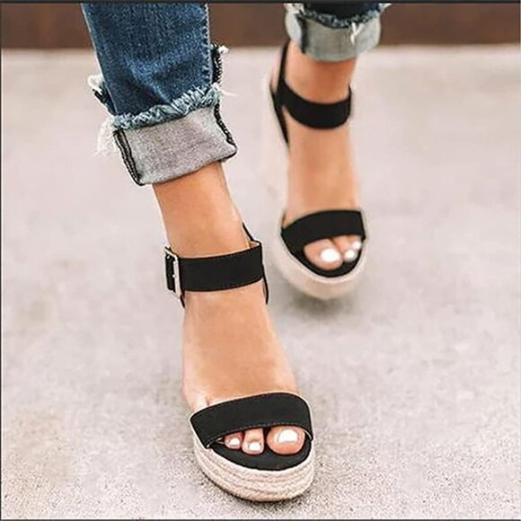 Women's Faux Leather Wedge Sandals Open Toe Ankle Strap Summer Casual - Picture 7 of 8